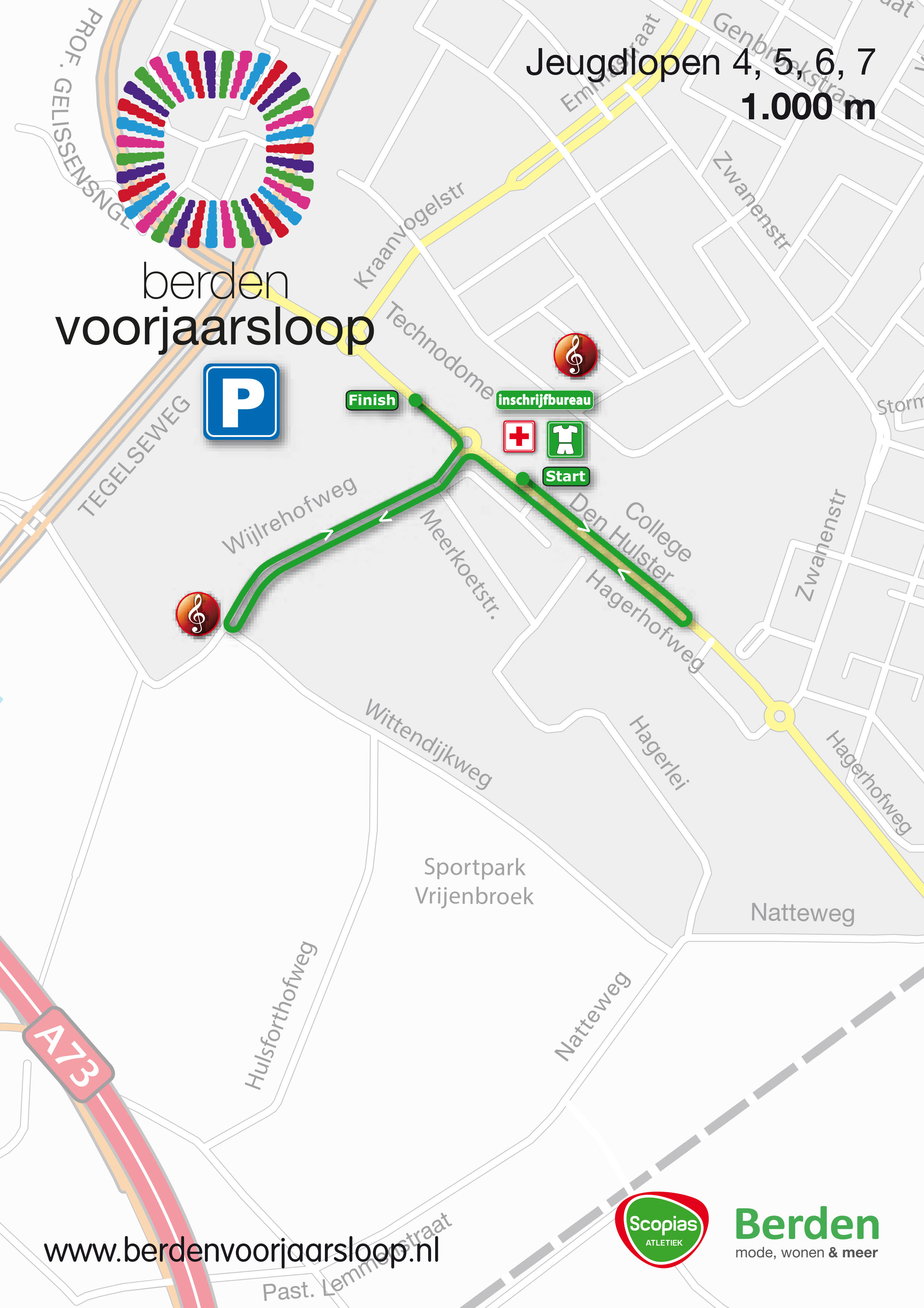 Routekaart kinderen 7 tot en met 12 jaar 1 kilometer Berden Voorjaarsloop